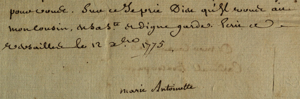 Letter (detail) from Marie Antoinette to Ignazio Boncompagni Ludovisi 12 December 1775, congratulating him on his recent appointment as Cardinal. Collection †HSH Prince Nicolò and HSH Princess Rita Boncompagni Ludovisi, Rome.